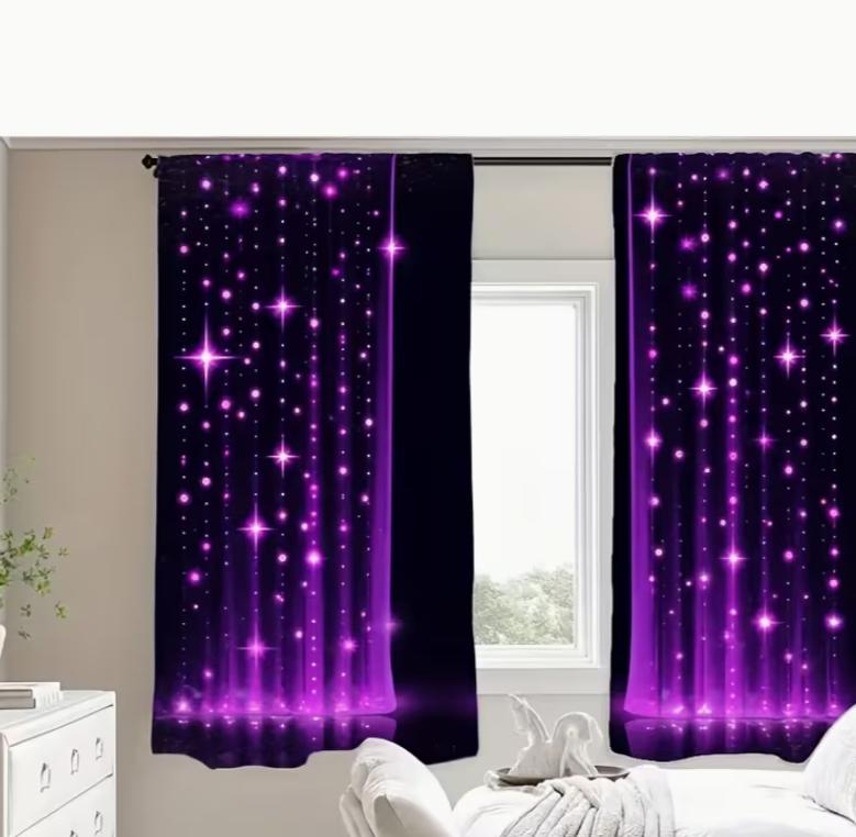 2 Stück Violette Galaxie Stern Design Vorhänge Halbtransparent Schwarz Lila Stoff Schutzstangen-Tasche Fensterbehänge Verschiedene Wohnzimmer