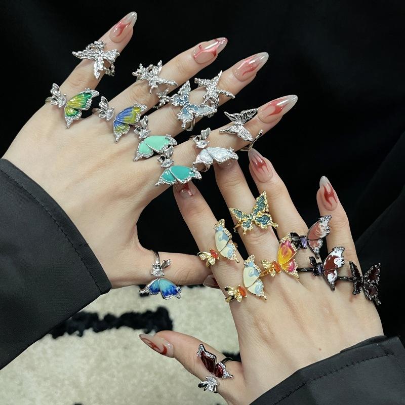 Butterfly Dripping Oil Open Ring, Personality, Niche Design, Cold Wind Ring, Stacked Index Finger Ring, Female