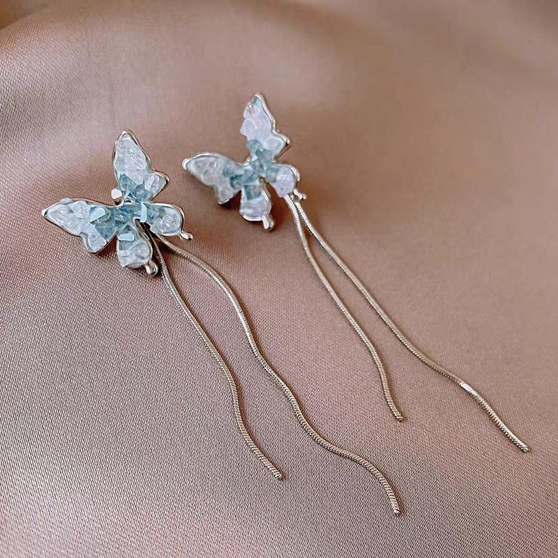 Sweet Temperament Gradual Change Butterfly Tassel Long Earrings Women, Niche Design Show Face Thin Earrings Earrings