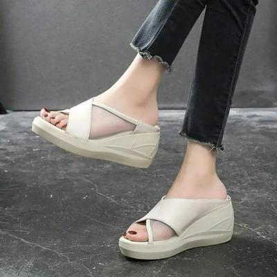 Sandali con zeppa a bocca di pesce a suola spessa e ciabatte, Scarpe da donna alla moda traspiranti a punta aperta, Ciabatte semplici tinta unita