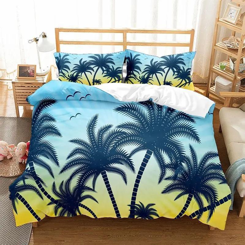 Beach Duvet Cover Twin King Size Microfiber Coconut Palm Trees Bedding Set Sunset Tropical Sandy Beach Landscape Comforter Cover