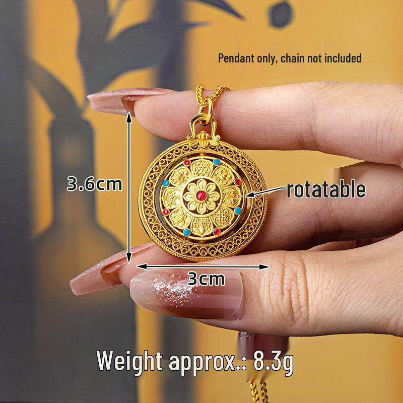 Vietnamese Sand Gold Rotatable Compass Pendant Necklace - Women's Versatile, Long-lasting Color Retention Jewelry with Eight Treasures Design