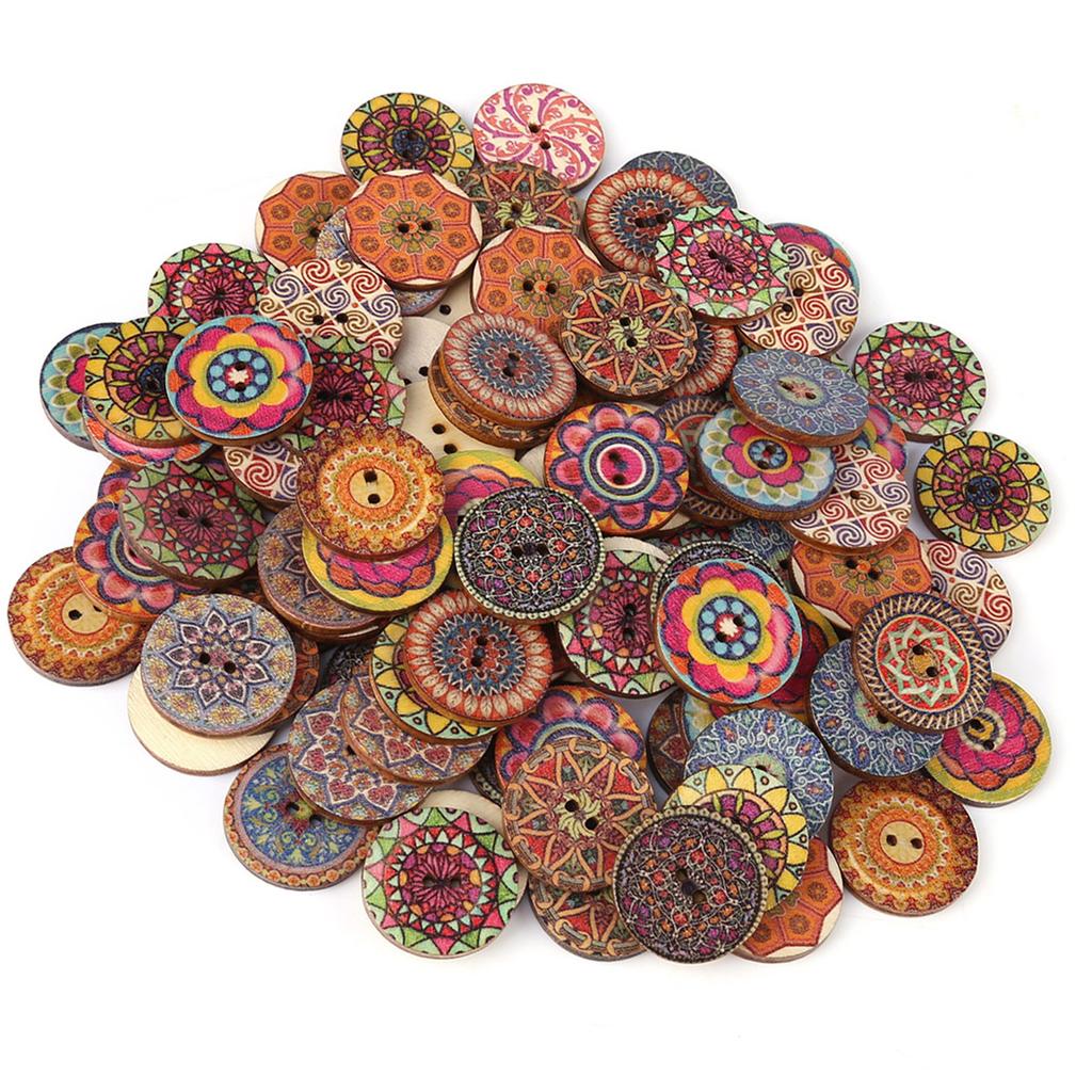 100 Pcs Mixed Pattern Vintage Wood Buttons with 2 Holes for DIY Sewing Craft Decorative 25mm