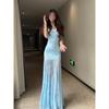 Blue Lace Mesh Suspender Dress Women's Summer Seaside Vacation Beautiful Beautiful Fishtail Hip Dress
