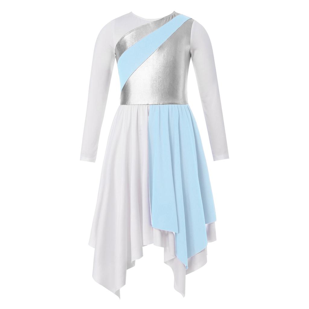 Crianças meninas manga longa brilhante metálico louvor túnica assimétrica vestido lírico traje de dança contemporânea