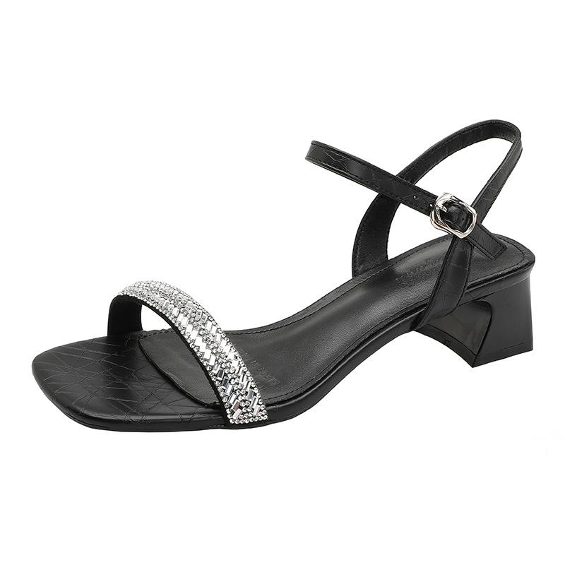 Fairy wind öppna tå-sandaler med medelhög klack för kvinnor, sommar 2025, nya, silverfärgade, fyrkantig tå, enbandsspänne med strass, högklackade