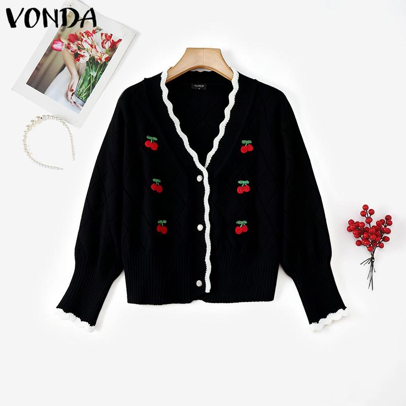 

VONDA Women Long Sleeve Buttons Up Stitching Embroidery Casual Loose Knitted Cardigan F чорний