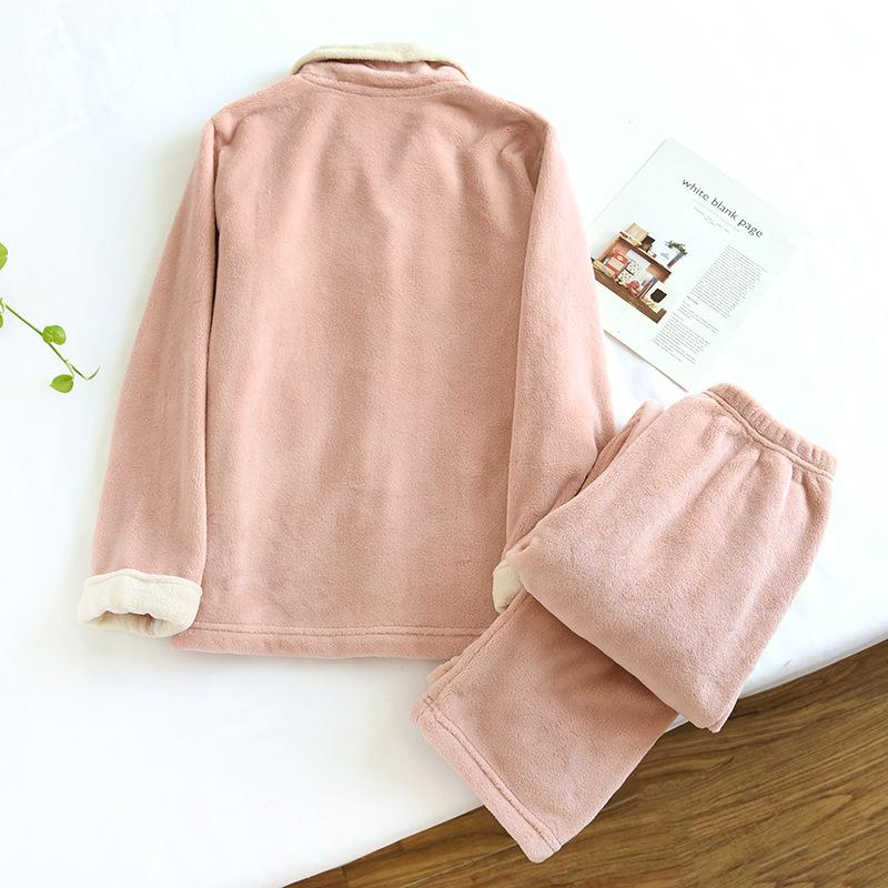 Ladies' Casual And Comfortable Round Neck Warm And Plush Home Clothes Cardigan Sleepwear And Pants Set