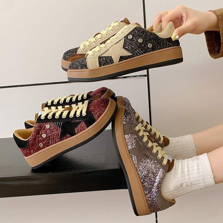 Star sequined little dirty shoes for women 2025 autumn retro moral training shoes versatile casual flash casual board shoes for women