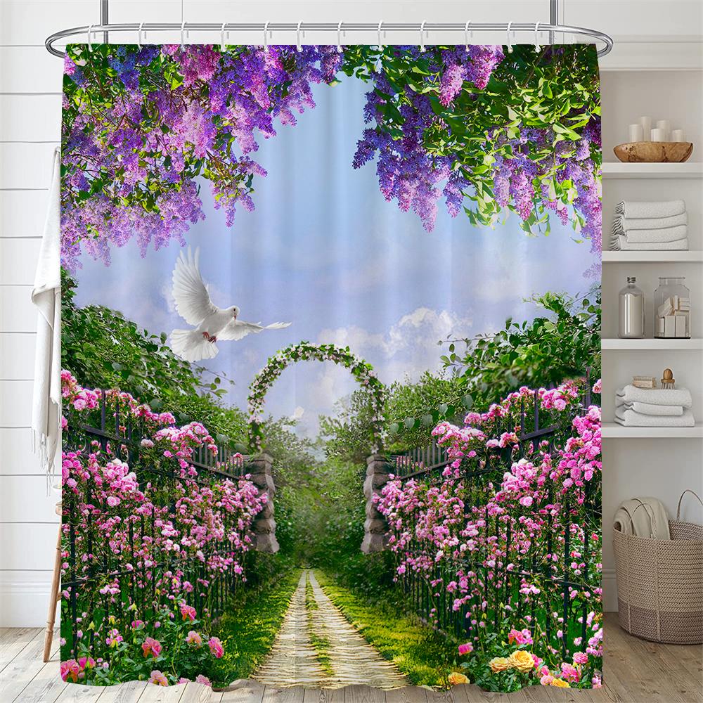 Beautiful Pastoral Garden Scenery Shower Curtain Rose Garden Flower Polyester Waterproof Bathroom Shower Curtain Decor Curtain