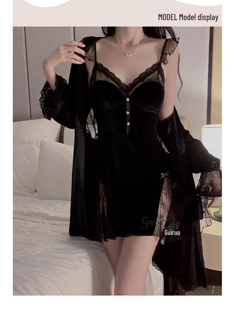 Gorgeous Lace See-Through Deep V Velvet Nightgown & Robe Set with Padding - Sweet Temptation 3908