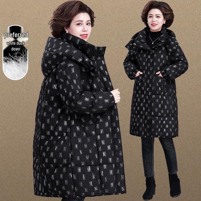 

Winter Down Jacket with Hood, Mid-Length, Stylish, for Women, Letter & Floral Pattern, Thick, Loose, Warm Outerwear 5XL (200-220 lbs) чёрный