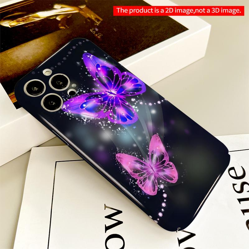 2DFlat Glowing Purple Butterflies On Dark Background All Inclusive Film Hard iPhone Case, Compatible with iPhone 18 Pro Max 17 16 15 14 13 12 11