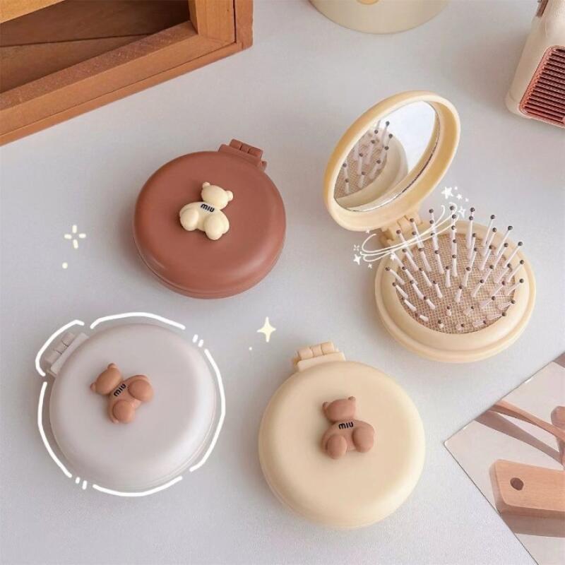Teddy Bear Comb Mirror Set Portable Mini Hand Hairbrush brown