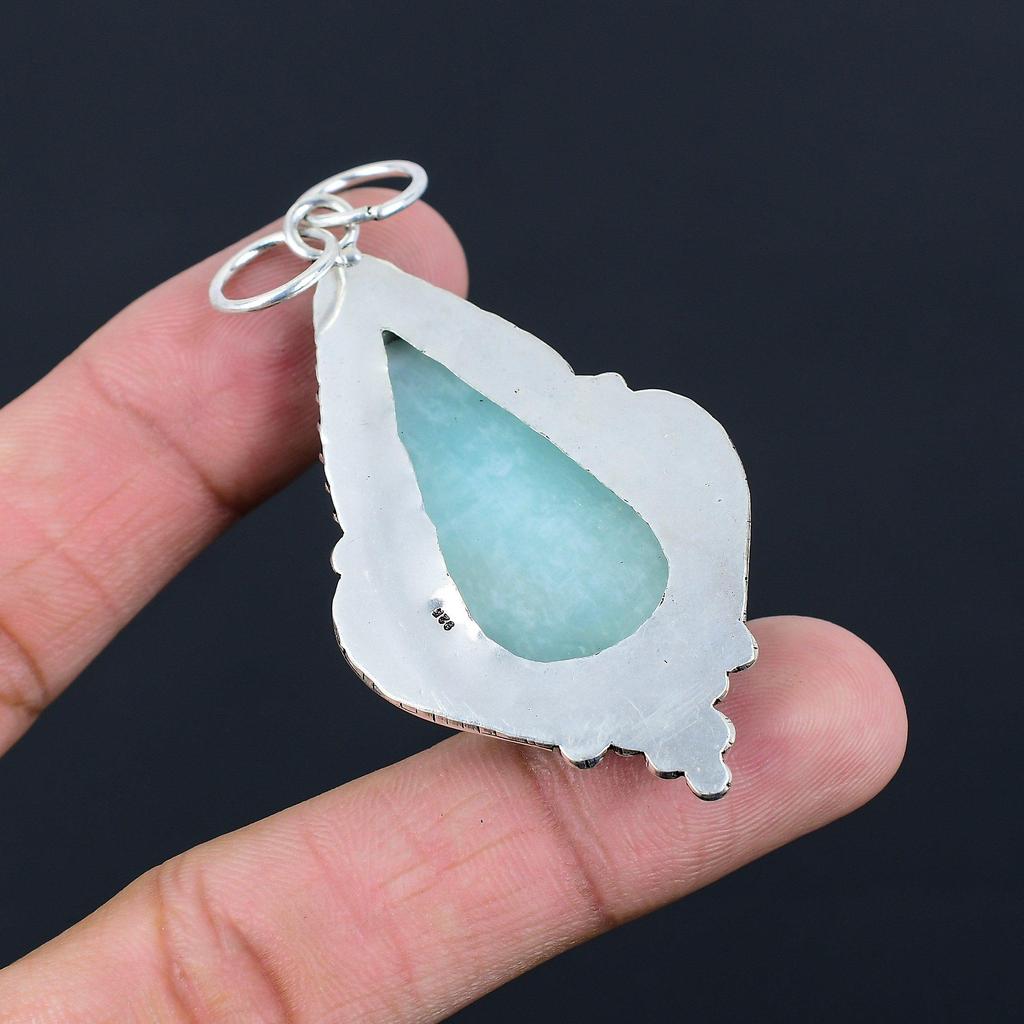 925 Sterling Silver Pear Natural Amazonite Heart Chakra Artisan Birthday Pendant