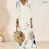Women Plus Size V Neck Three Quarter Sleeve White Blue Abstract Printed Maxi Dress