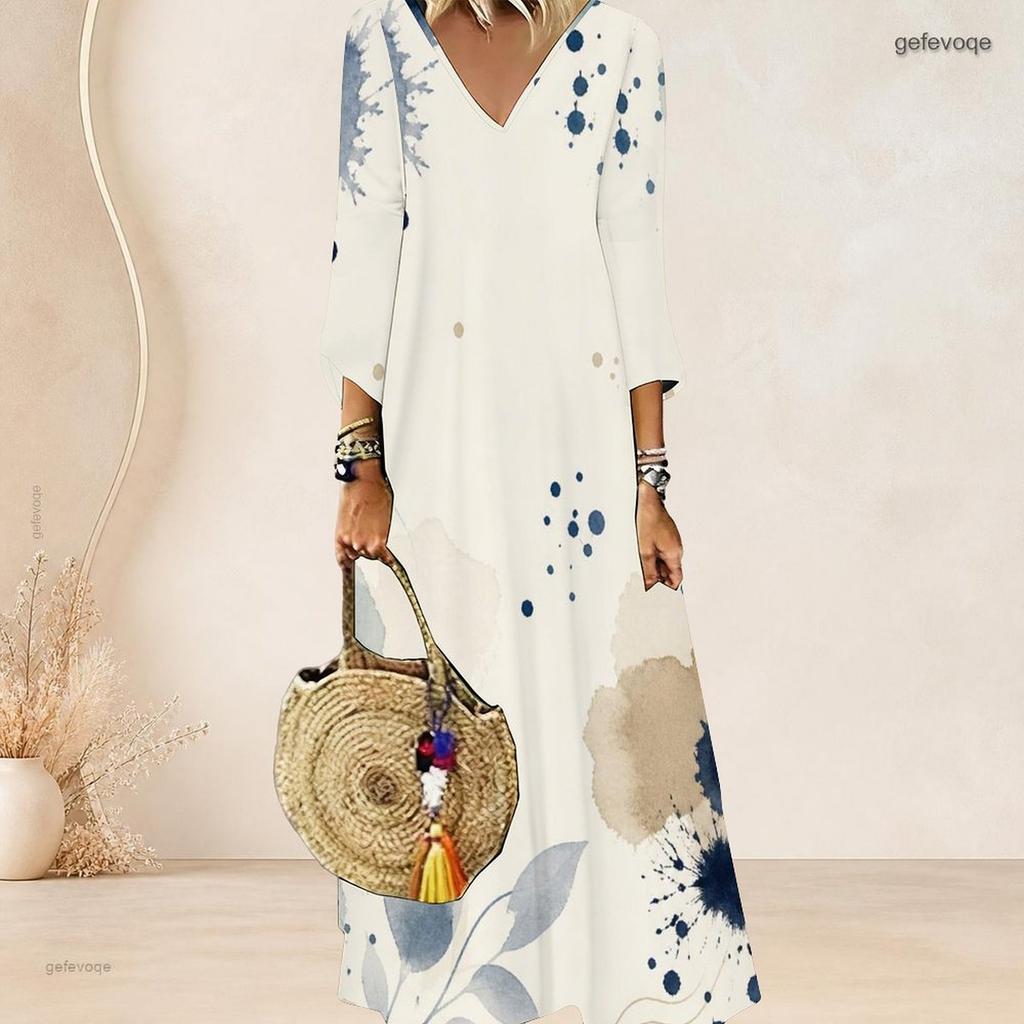 Women Plus Size V Neck Three Quarter Sleeve White Blue Abstract Printed Maxi Dress