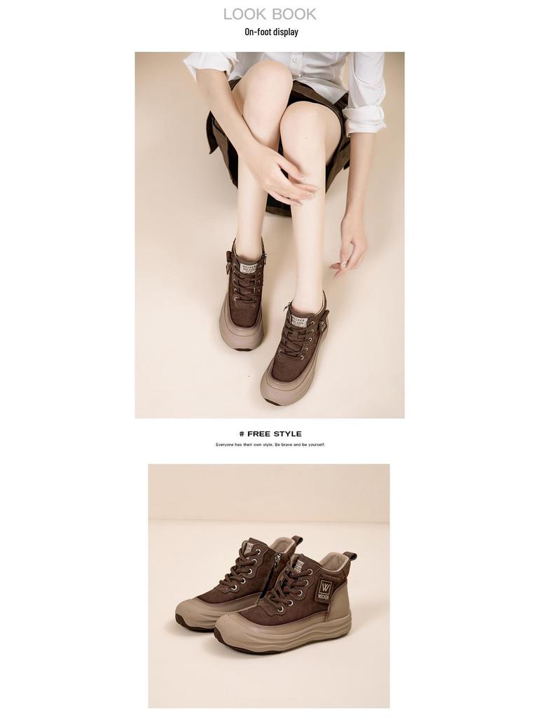 Autumn Women's High-Top Cowhide Sneakers 2025: Thick-Soled, Height-Increasing, Versatile, and Comfortable.