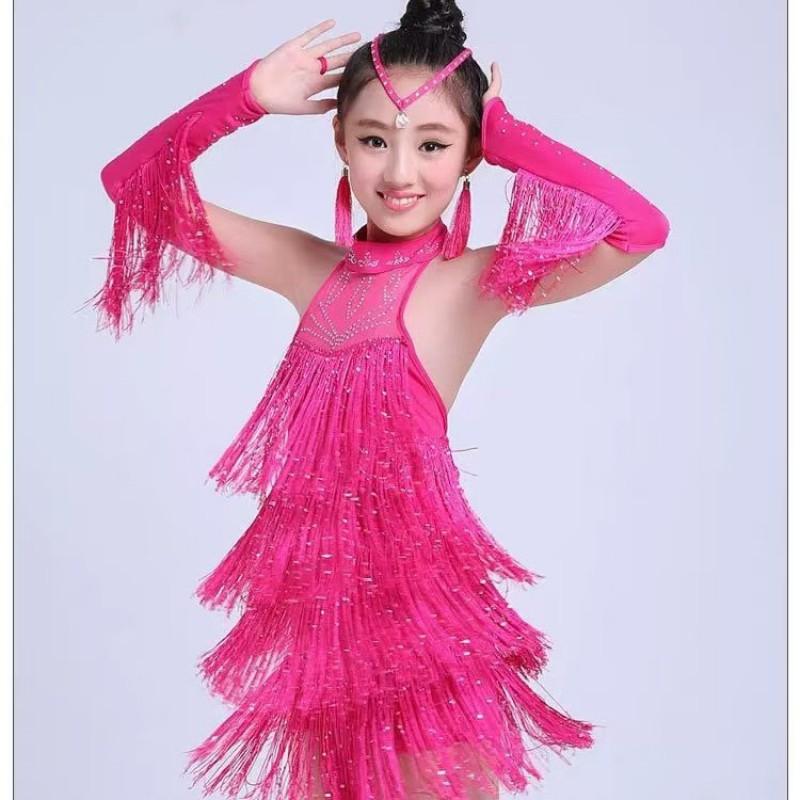 Girls Latin Dance Dress With Sequins Fringe Competition Performance Sweet Style