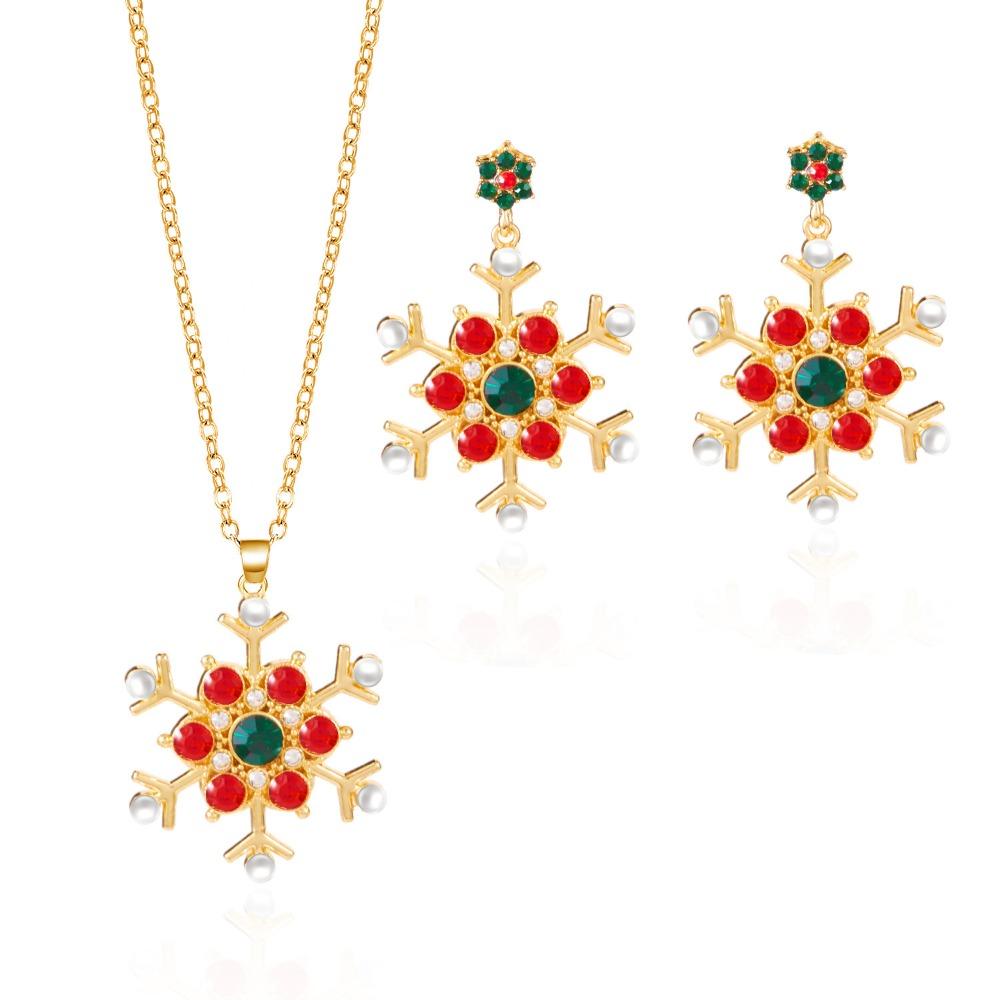 Zinc Zinc Zinc Alloy Xmas Dangle Earrings Rhinestone Snowflake Necklace Christmas Jewelry Set  Gift