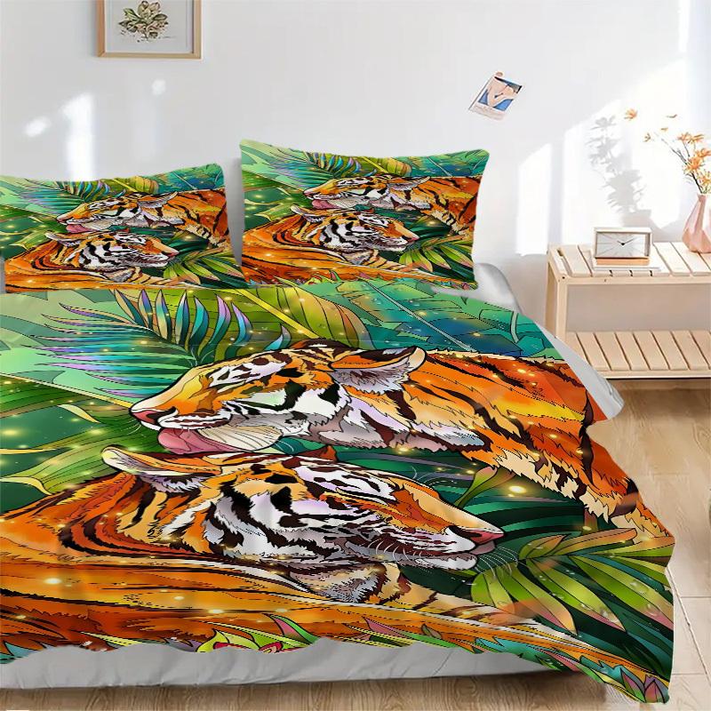 3pcs Tiger Print Duvet Cover Set - Machine Washable, Includes 1 Cover and 2 Pillowcases, No Core Included yy251013008