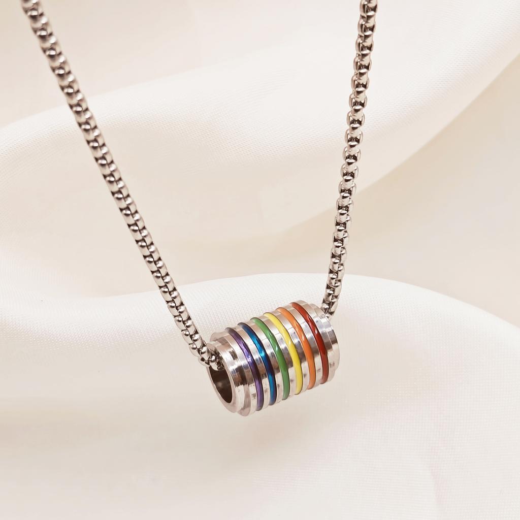 High-end Titanium Steel Necklaces for Men and Women with Small Waists, Colorful Striped Barrel Bead Pendant Jewelry