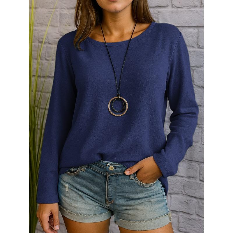 JPNTKY Women's Fashion Casual Solid Color Print Long Sleeve O-Neck Blouses & Shirts