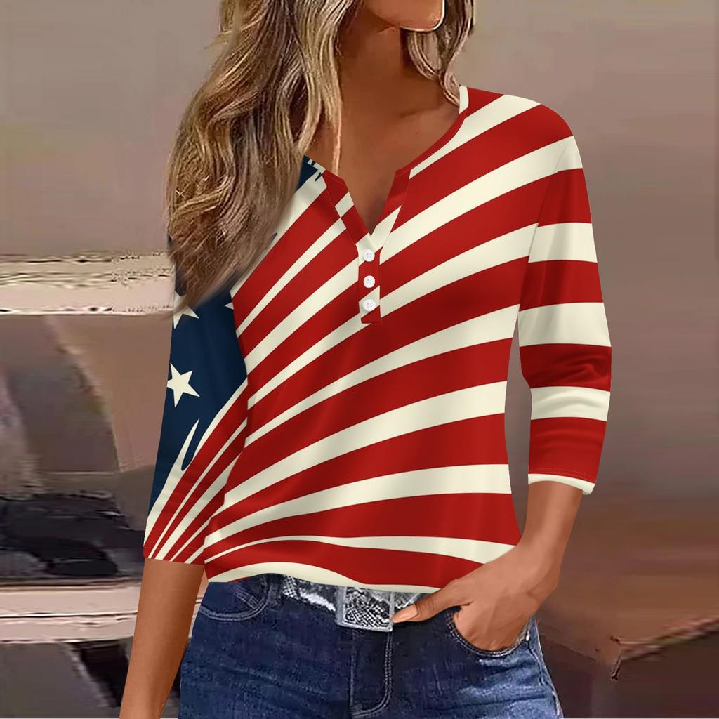 Women's Fashion Casual Independence Day American Flag Stars and Stripes Print Collar V-Neck Three-Quarter Sleeve Decorative Button-Up T-Shirt Top