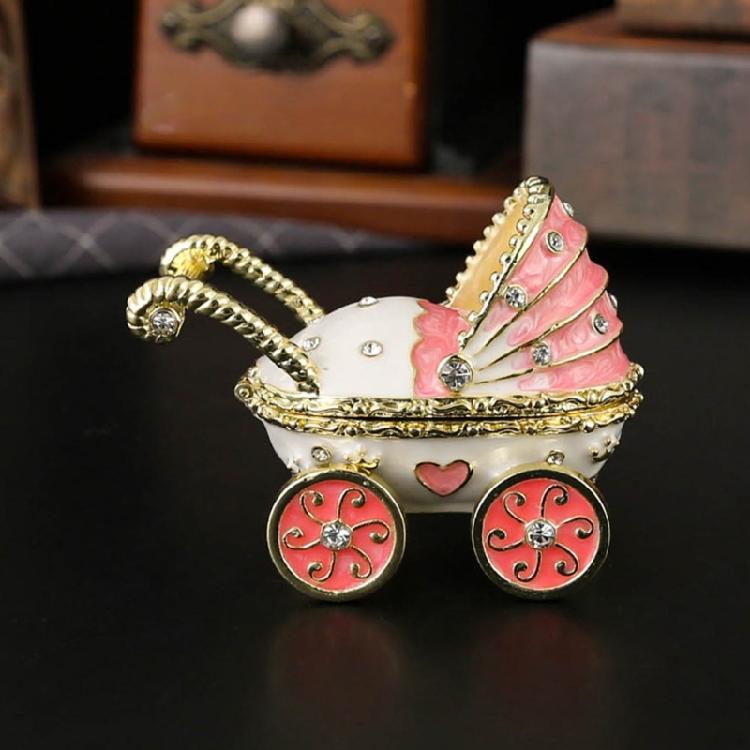 Enamel Coated Rhinestones Studded Metal Jewelry Box Baby Carriage Storage Container for Jewelry Organization