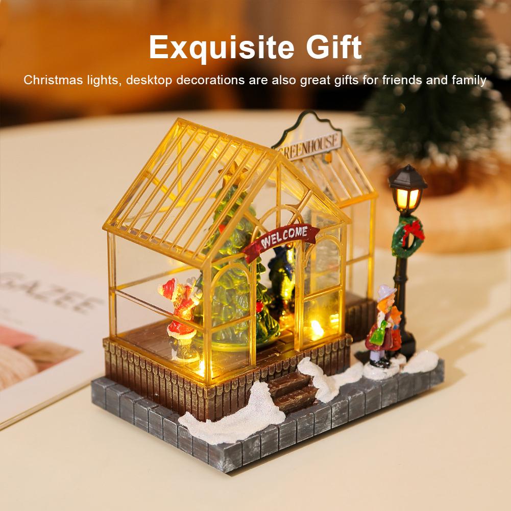 Christmas Scene Village House Ornament with LED Lights Christmas Decorations Resin Greenhouse Christmas Gift Home Decoration