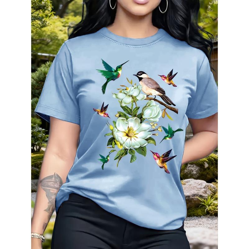Bird and Flower Pattern Round Neck Short-sleeved T-shirt, Casual Fashion Top for Women