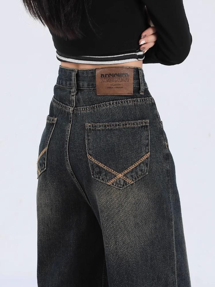 Women's Plus Size Retro Wide Leg Washed Jeans with Zipper
