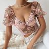 Women Sexy Lingerie Lace Tops Elegant Flower Puff Sleeve Sweetheart Neck Bodycon Blouse Fashion Versatile Street Tops