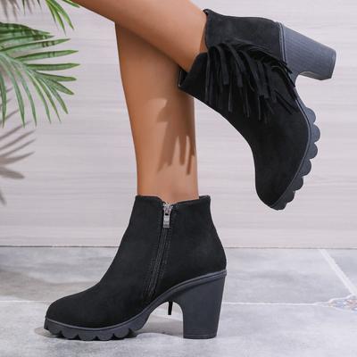 Grobabsatz-Kurzstiefel Damen Herbst und Winter Neu Britischer Stil Runde Spitze Seitenreißverschluss Dicke Sohle Hoher Absatz Fransen Martin Boots