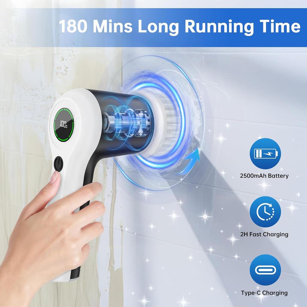 Electric Spin Scrubber, Cordless Shower Scrubber with Battery Level Display, 2 Speeds Electric Scrubber for Cleaning with 6 Replaceable Heads,