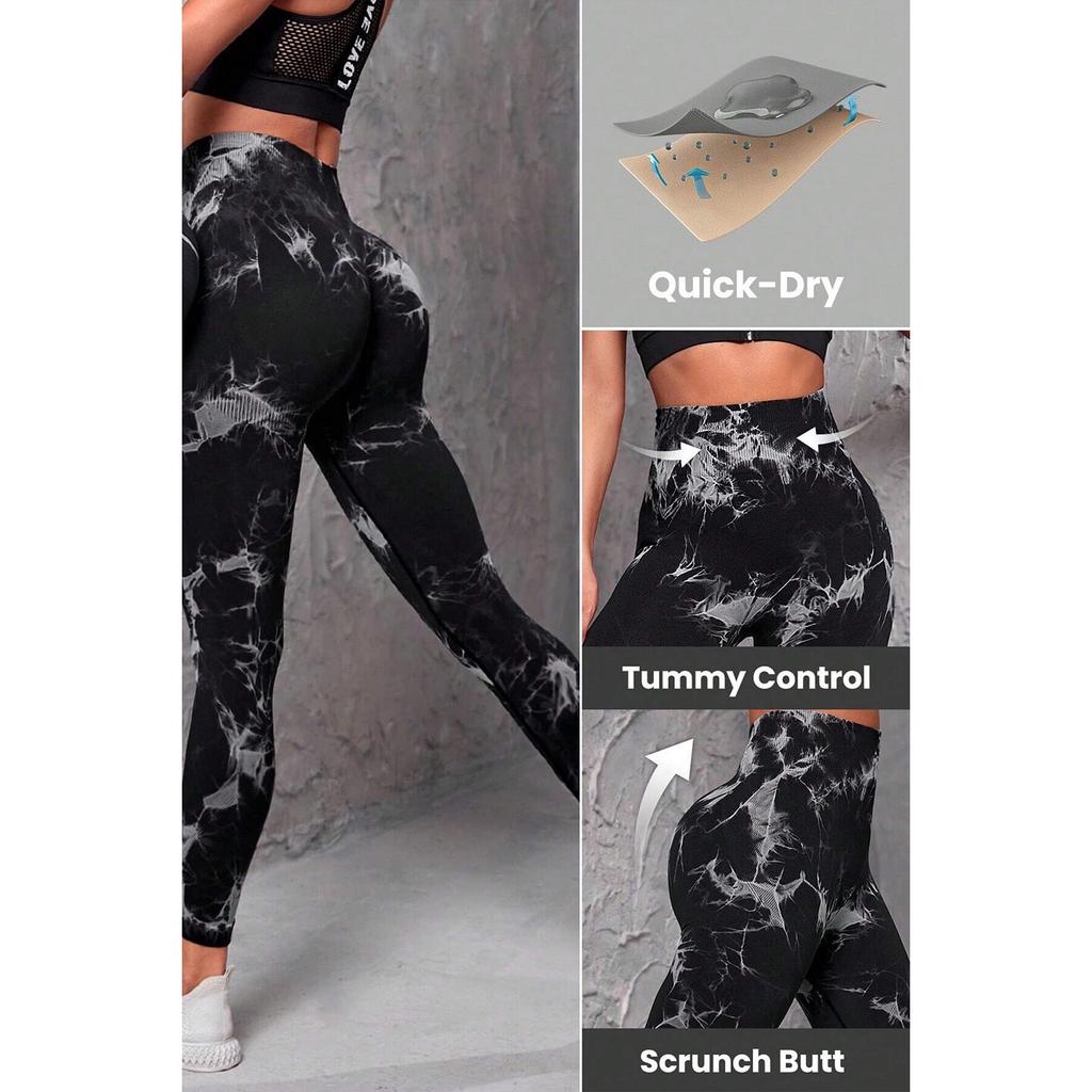 Seamless Tie Dye High Waist Leggings - Black M - Polyester/Spandex - Shaping & Push-Up Effect - Fitness Activewear