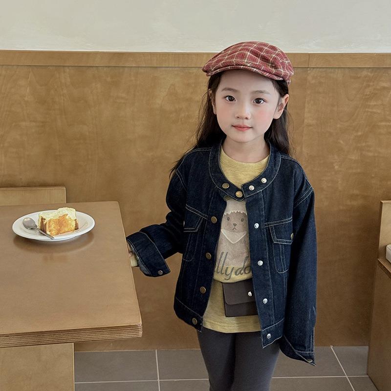 Korean Style Kids Girls Stand Collar Casual Denim Jacket Outerwear