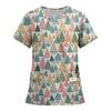 Women's Fashion Printed Short Sleeve V Neck Pattern Tops Pocket Working T-shirts
