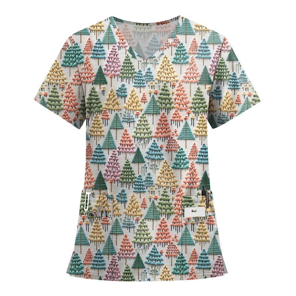 Women's Fashion Printed Short Sleeve V Neck Pattern Tops Pocket Working T-shirts