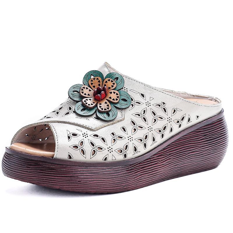 Summer New Thick-soled Retro Outer Slippers Women's Real Cowhide Fish Mouth Hollow Breathable Slope Heel Cool Slippers