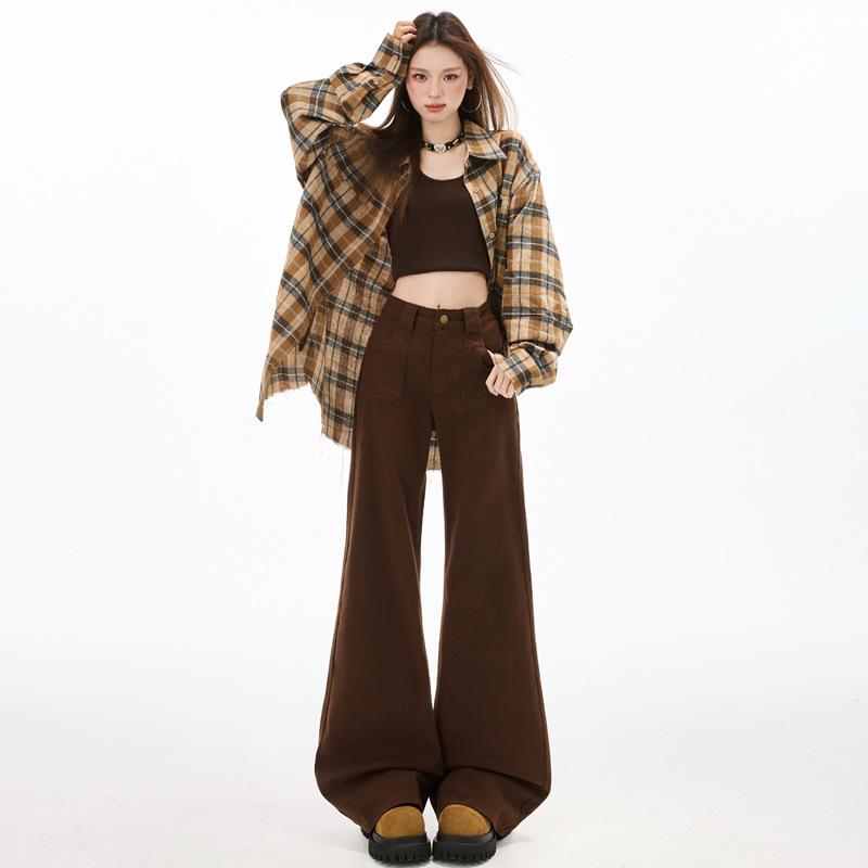 

Women s High-Waist Khaki Micro-Flare Jeans - Slimming, Loose Fit, Floor-Length for Spring/Autumn. Extra Large