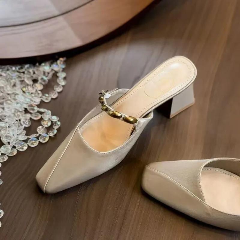 Fashion Elegant Women Slippers Square Toe High Heels Shoes Summer Mules Shoes 2025 New Sandals Designer Woman Pumps Fashion Sandalias
