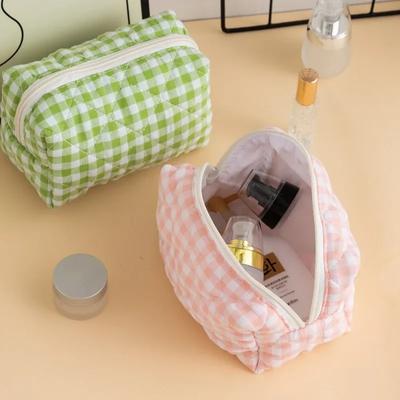 Solid Color Large-capacity Corduroy Cosmetic Bag Plaid Lipstick Storage Bag Quilted Plus Cotton Earphone Data Cable Storage Bag