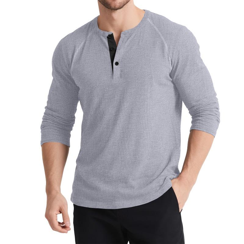 Men's Autumn and Winter Long-sleeved Henley Shirt Retro T-shirt Three-button Color Matching Sweater