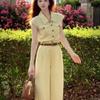 Women's Stylish 2026 Summer Two-Piece Set: Yellow Polo Collar Denim Top & High-Waisted Long Pants