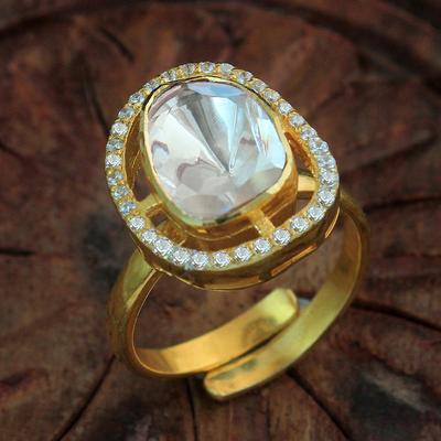 Gullbelagt Kundan Polki Ring 925 Sterling Sølv