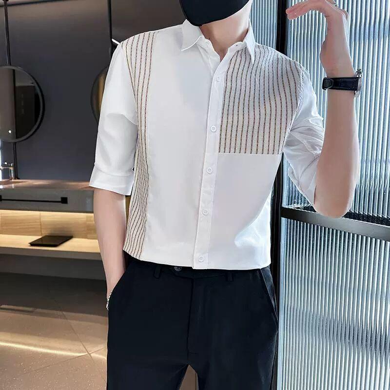 Spring and Autumn Korean Edition Trendy Polo Collar Stripe Block Color Light Mature Style Design Sense Three Quarter Shirt