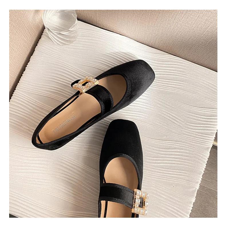 New Women Flat Shoes Girl Crystal Velvet Mary Jane Shoes Sweet Comfortable Slip-on Loafers Big Size 35-43
