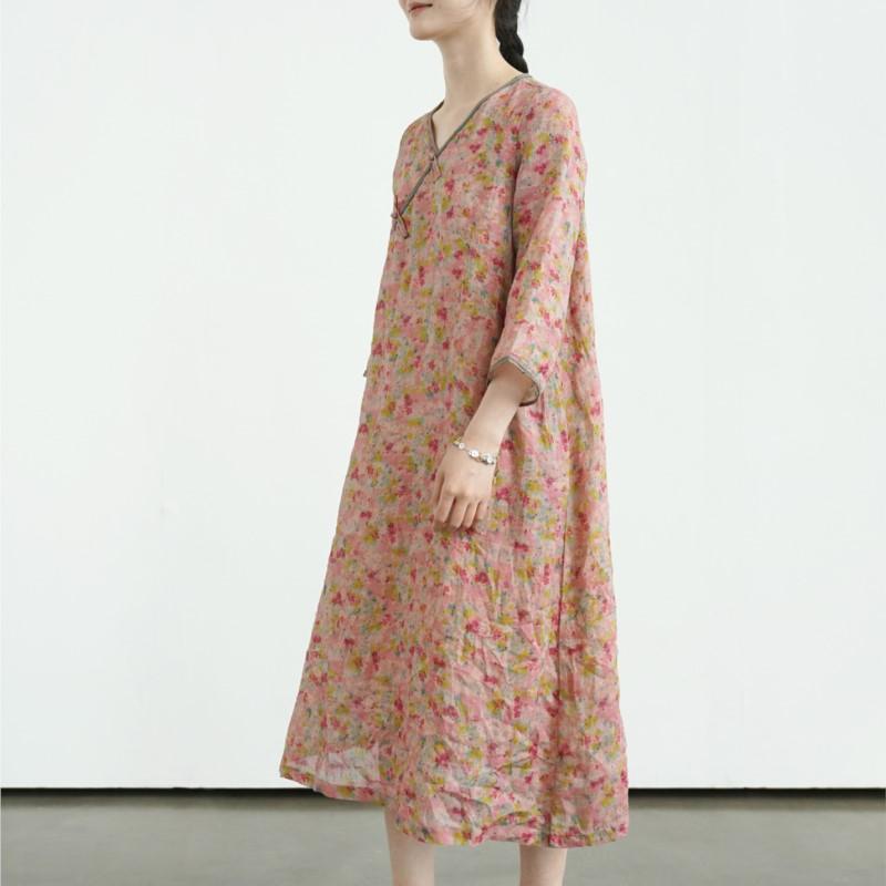 Johnature Women Vintage Dress V-Neck Print Floral Button Dresses Summer Chinese Style Female Dress