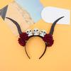 Skull Sheep Horn Hairband Halloween Red Rose Headband Flower Crown Ox Horns Headband  Festival Wear